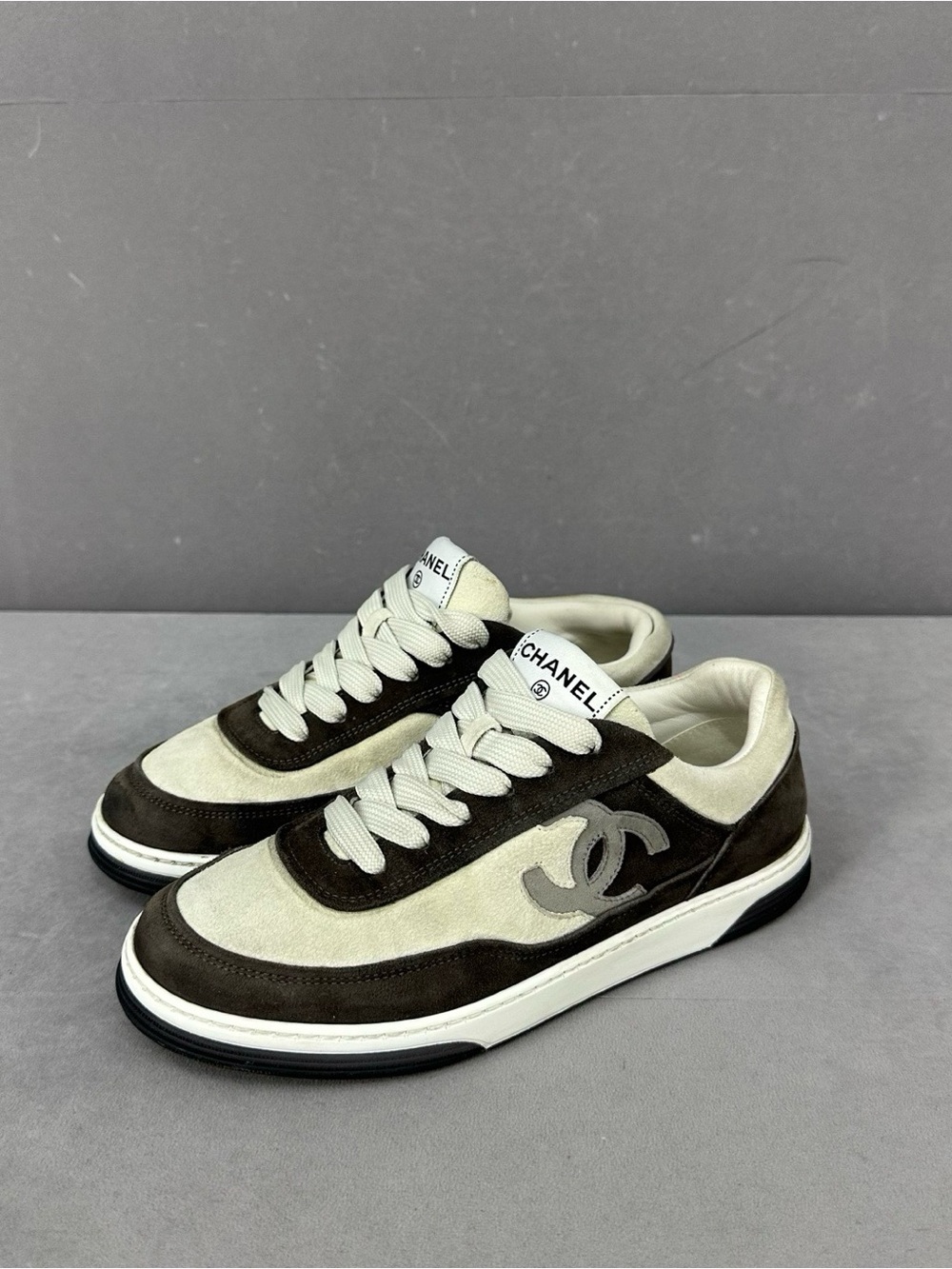 CHANEL Brown and Cream Suede Low-Top Sneakers
